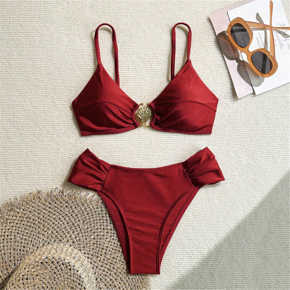 Swimsuit Bikini Ruched - Ensemble de bikinis sexy rouge bordeaux